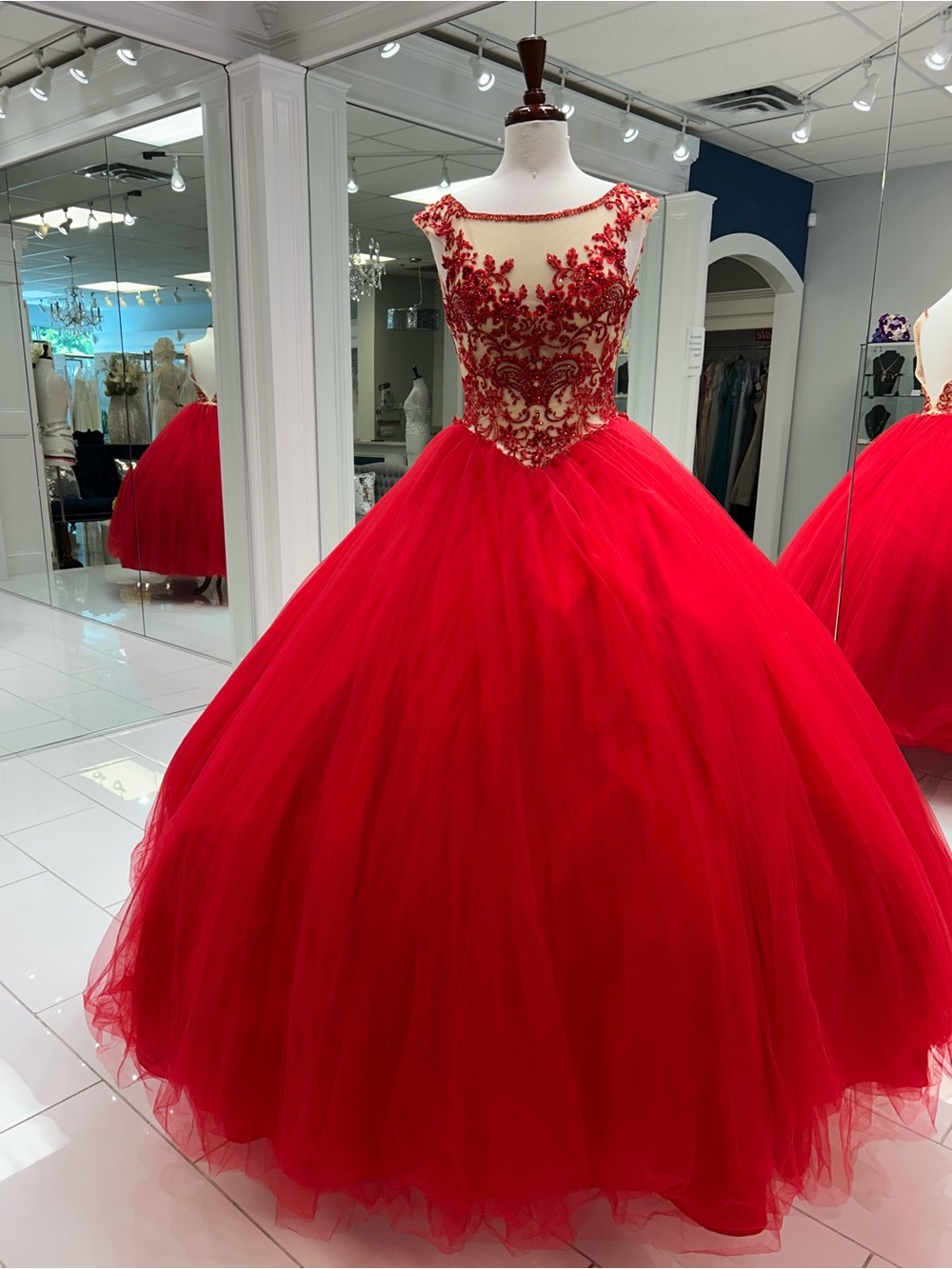 Red & Nude Quinceañera Dress/ Ballgown with Red Embroidered Lace